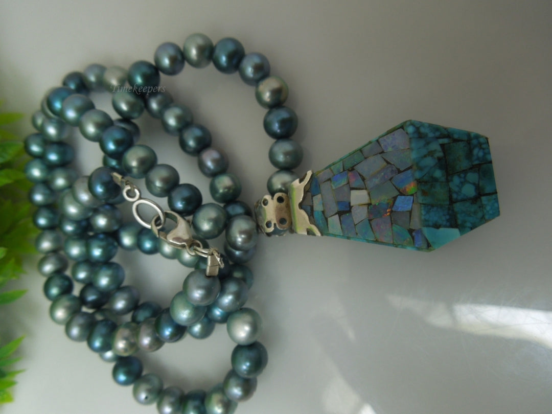 q259 Vintage Blue Dyed Pearls and Sterling Silver Turquoise & Mosaic Opal Reversible Pendant