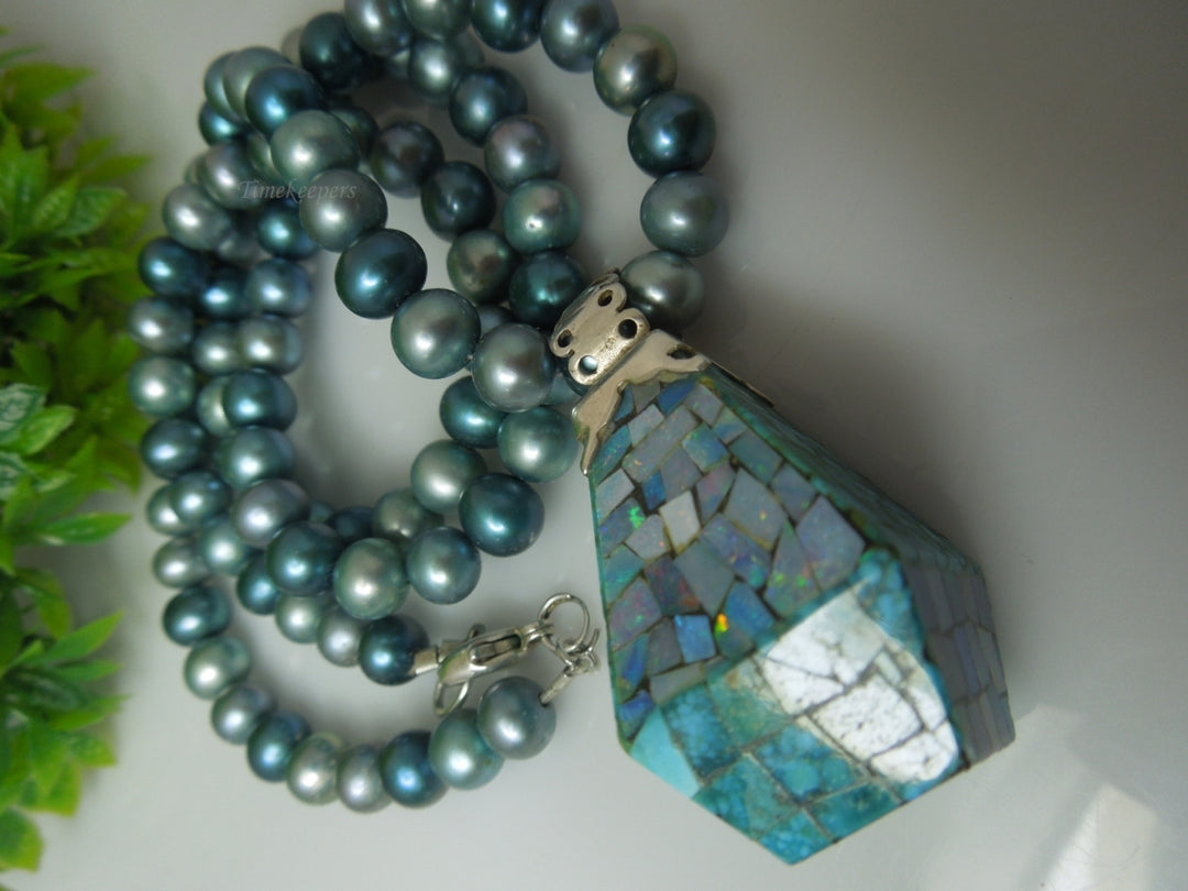 q259 Vintage Blue Dyed Pearls and Sterling Silver Turquoise & Mosaic Opal Reversible Pendant