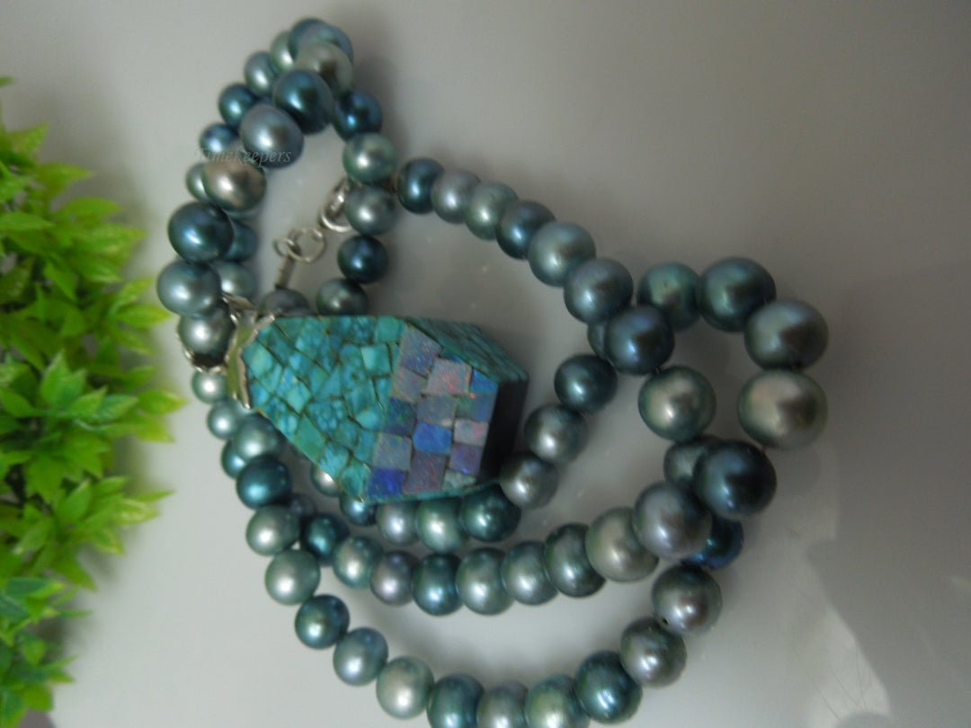 q259 Vintage Blue Dyed Pearls and Sterling Silver Turquoise & Mosaic Opal Reversible Pendant