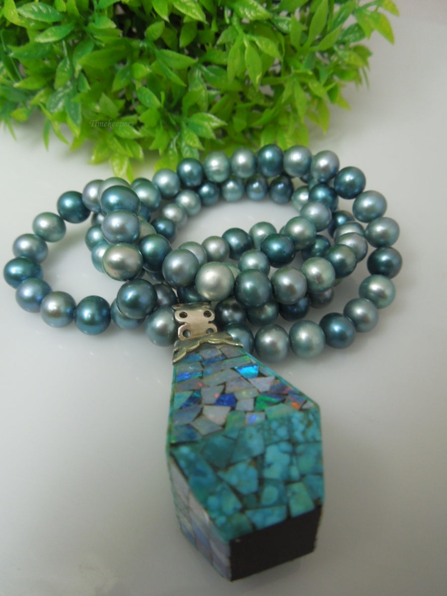 q259 Vintage Blue Dyed Pearls and Sterling Silver Turquoise & Mosaic Opal Reversible Pendant