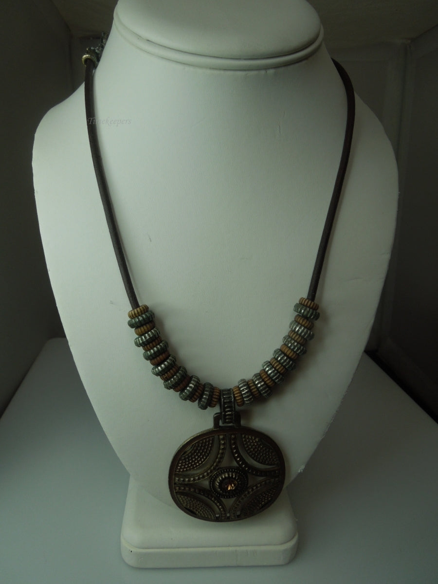 q276 Vintage Necklace on Brown Rope/String with Beautiful Round Pendant