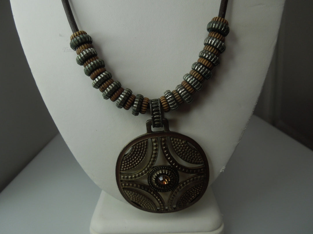 q276 Vintage Necklace on Brown Rope/String with Beautiful Round Pendant