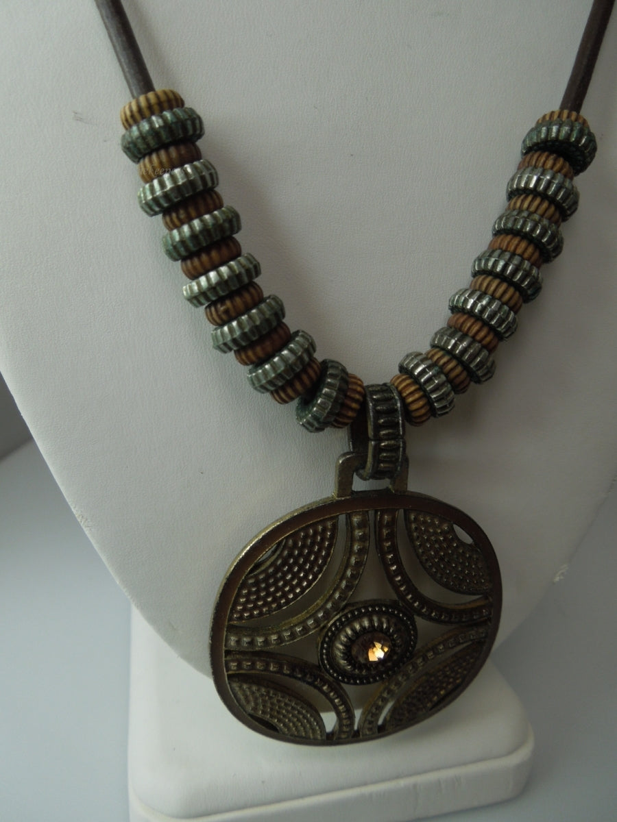 q276 Vintage Necklace on Brown Rope/String with Beautiful Round Pendant