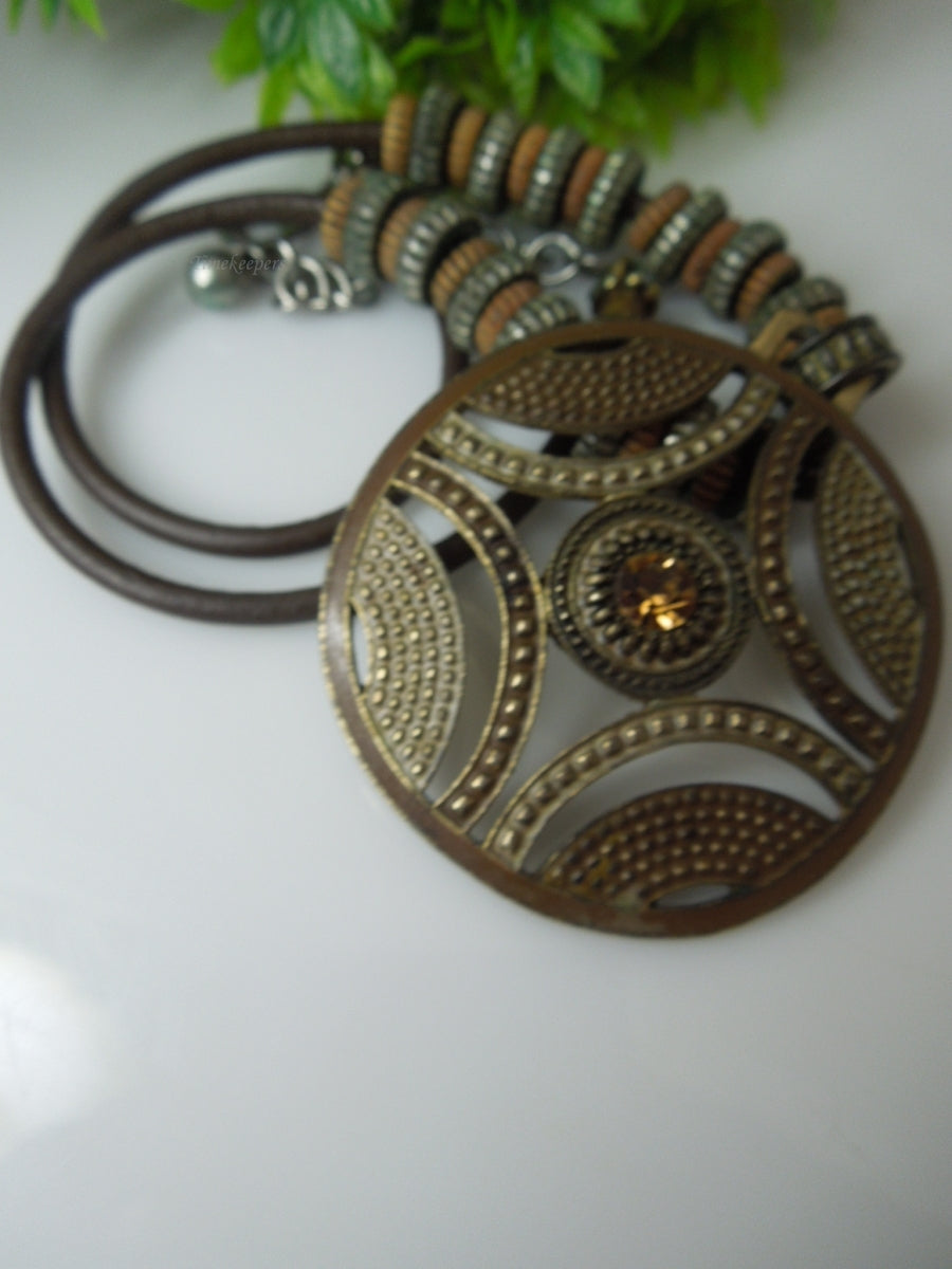 q276 Vintage Necklace on Brown Rope/String with Beautiful Round Pendant