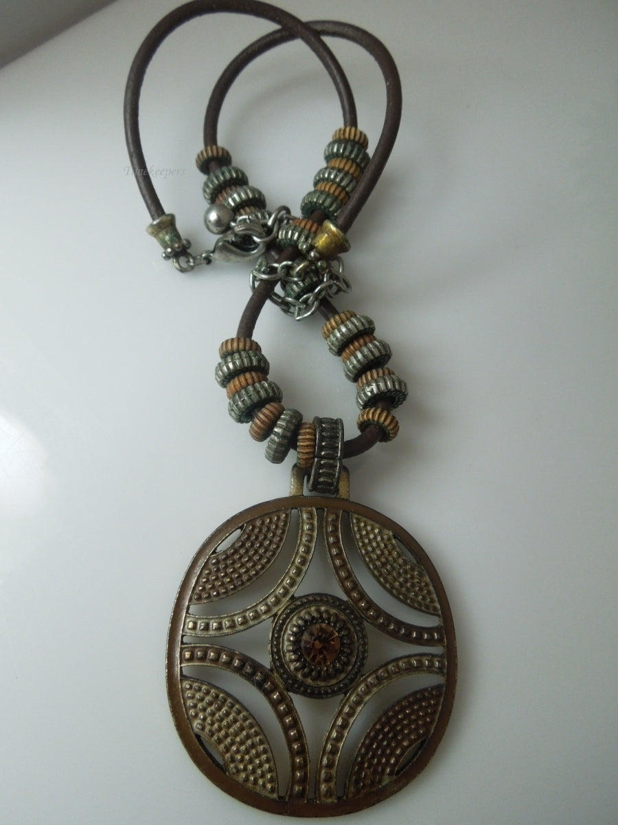 q276 Vintage Necklace on Brown Rope/String with Beautiful Round Pendant