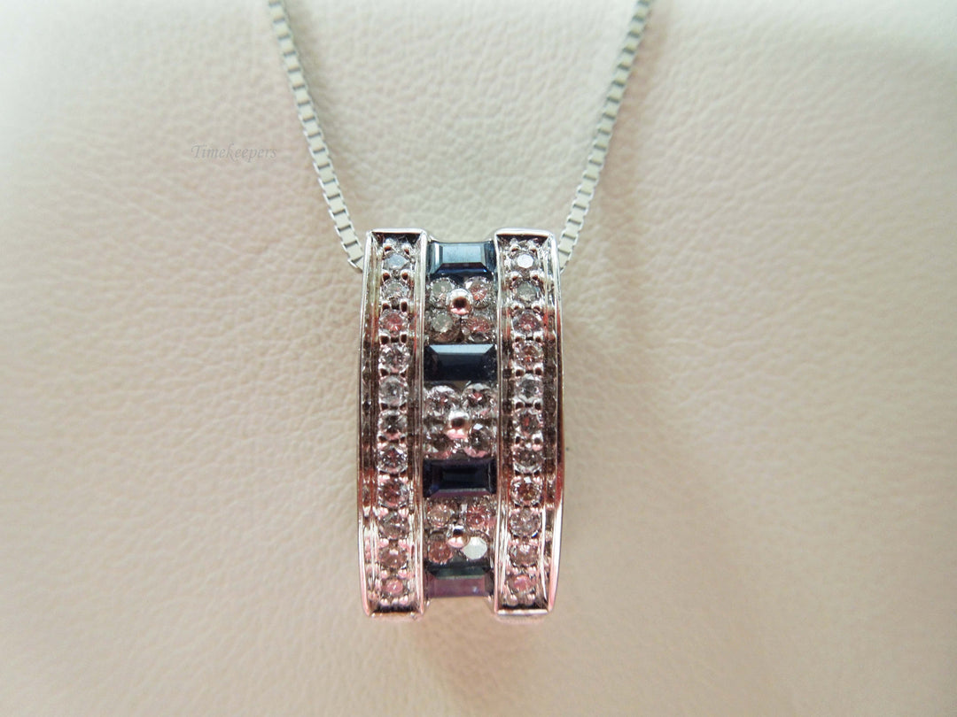 e864 Vintage 14K White Gold Sapphire Diamond Pendant on 18" Box Link Chain Necklace