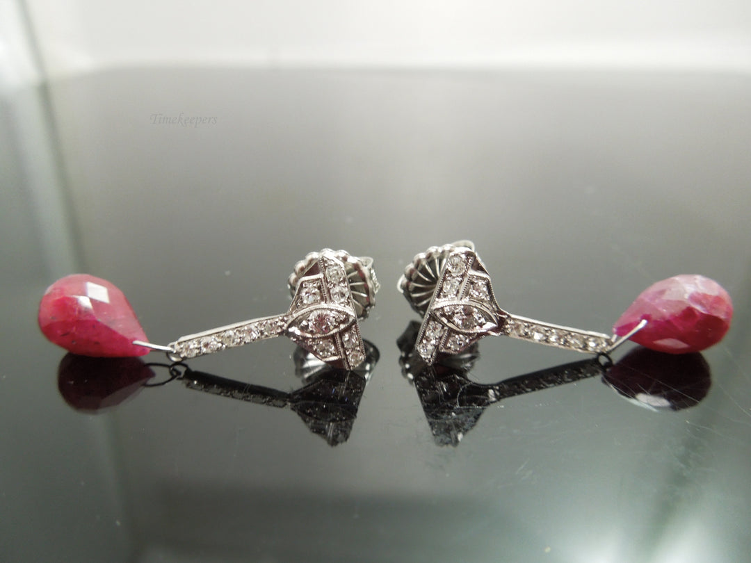 b858 Pretty 14kt Yellow Gold Diamond Drop Earrings with Ruby Briolettes