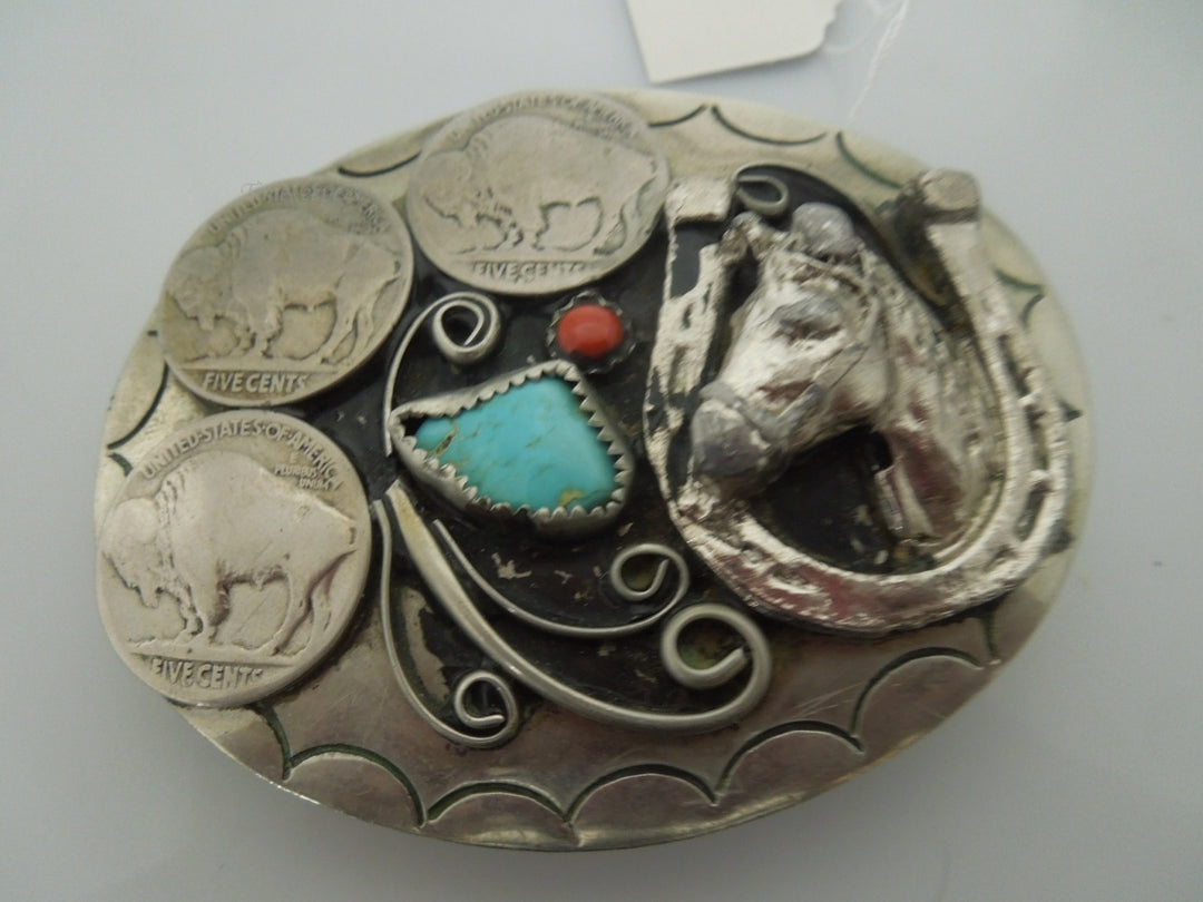 r581 Vintage Belt Buckle nickel silver Turquoise three 5 cents coins engraved Horse and Horseshoe too