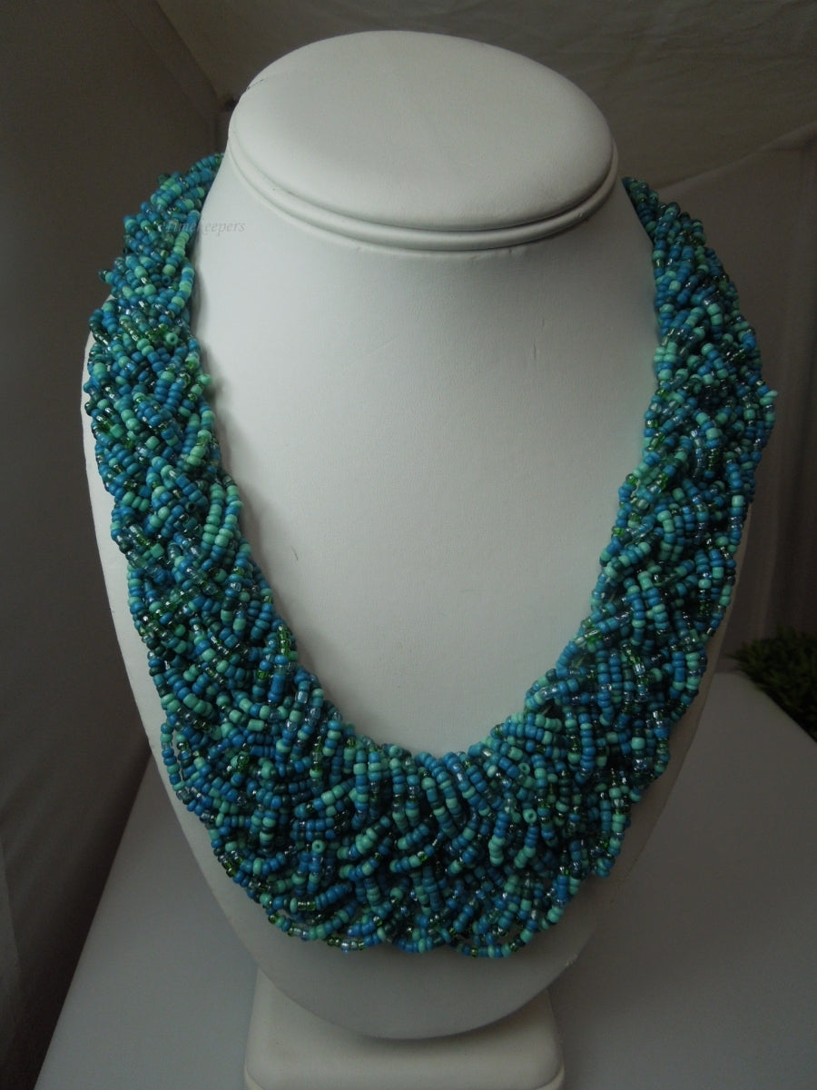 q296 Vintage Blue Seed Bead Multi Strand Twist Weave Braid Choker Necklace 18" Long (Hand Made Necklace)