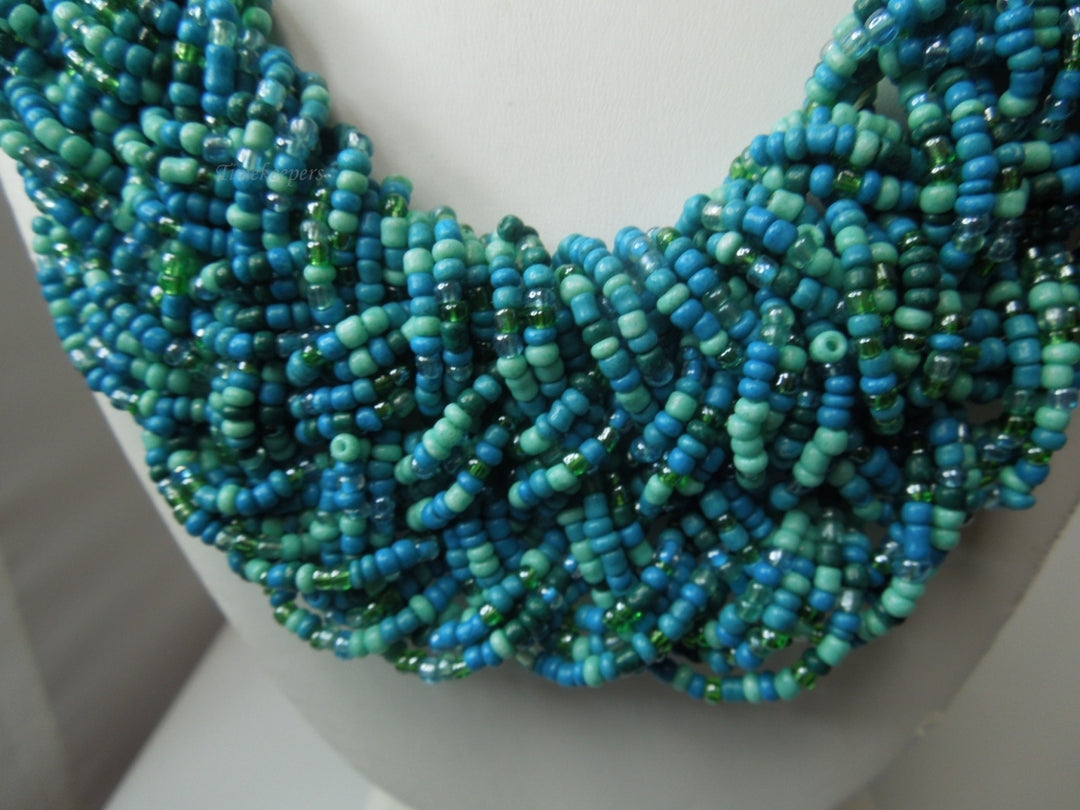 q296 Vintage Blue Seed Bead Multi Strand Twist Weave Braid Choker Necklace 18" Long (Hand Made Necklace)