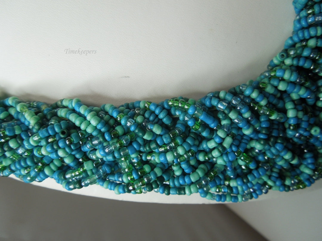 q296 Vintage Blue Seed Bead Multi Strand Twist Weave Braid Choker Necklace 18" Long (Hand Made Necklace)