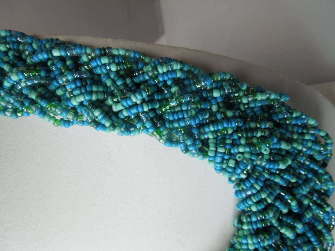 q296 Vintage Blue Seed Bead Multi Strand Twist Weave Braid Choker Necklace 18" Long (Hand Made Necklace)