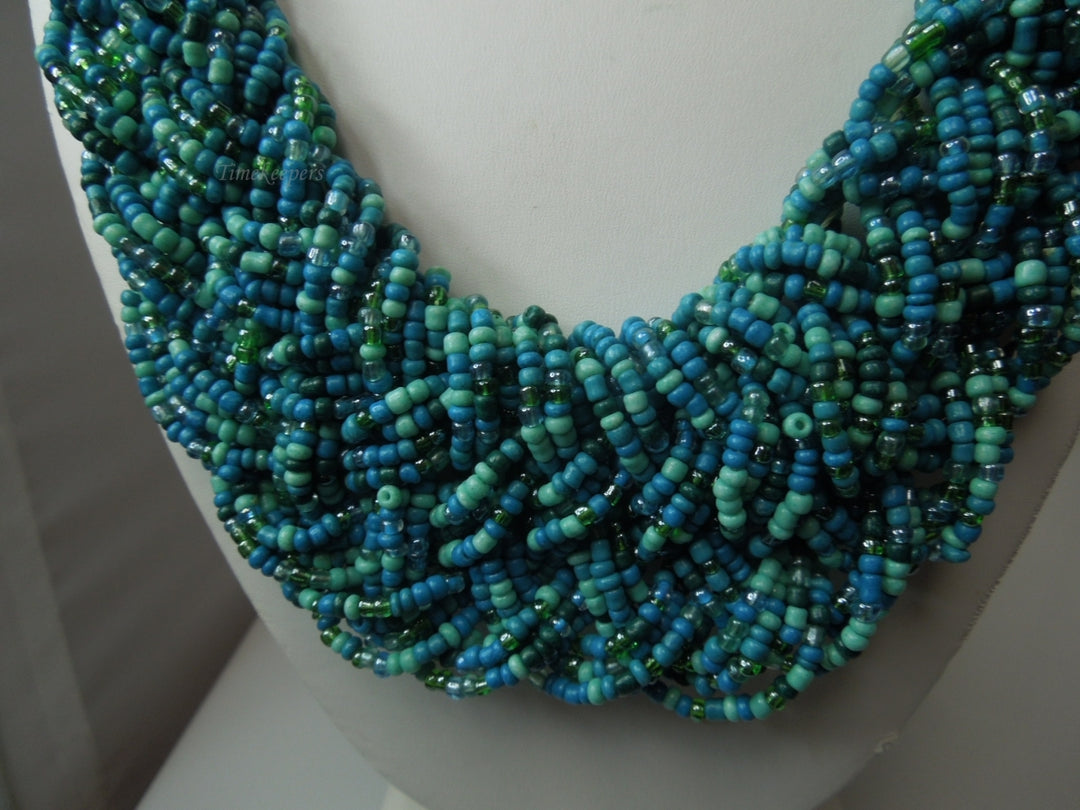 q296 Vintage Blue Seed Bead Multi Strand Twist Weave Braid Choker Necklace 18" Long (Hand Made Necklace)