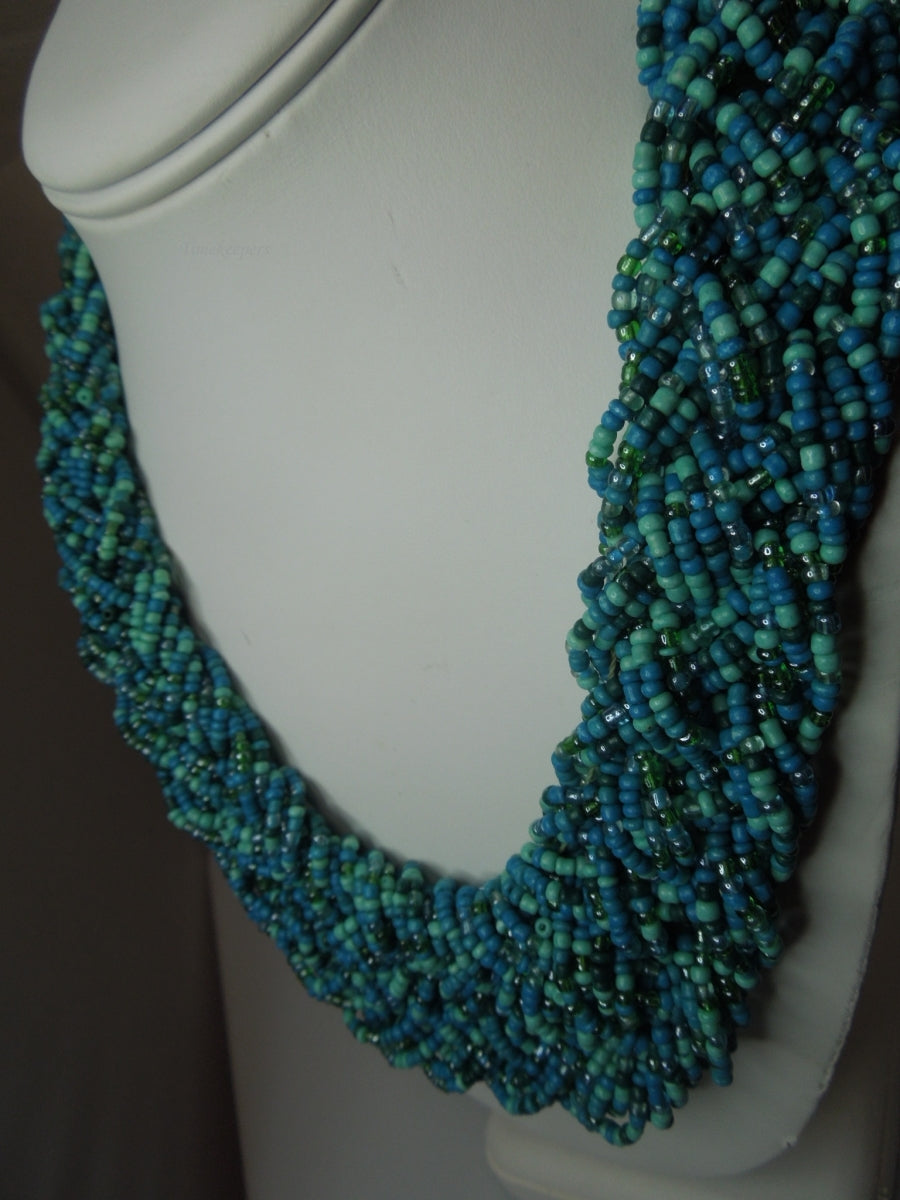 q296 Vintage Blue Seed Bead Multi Strand Twist Weave Braid Choker Necklace 18" Long (Hand Made Necklace)