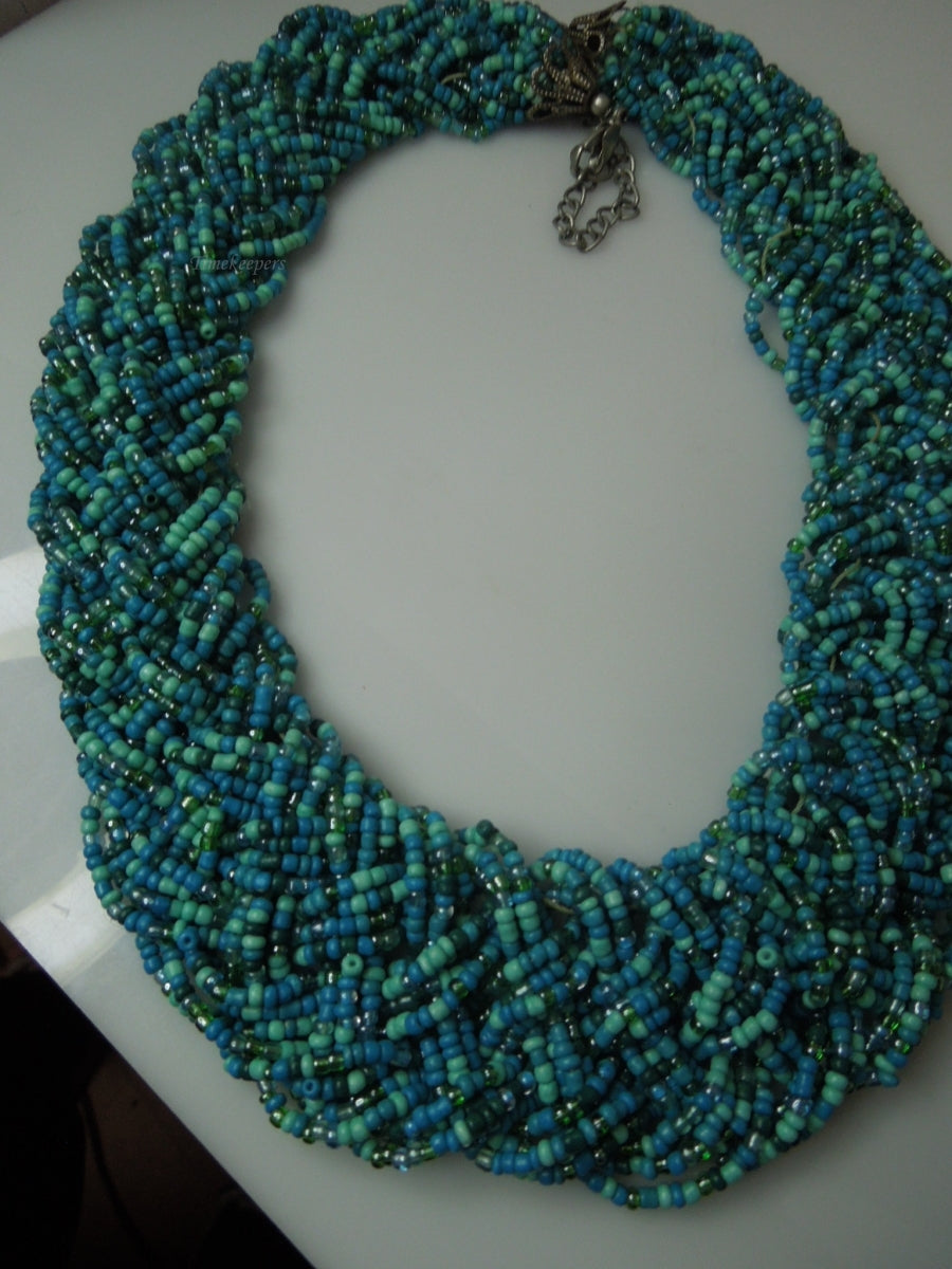 q296 Vintage Blue Seed Bead Multi Strand Twist Weave Braid Choker Necklace 18" Long (Hand Made Necklace)