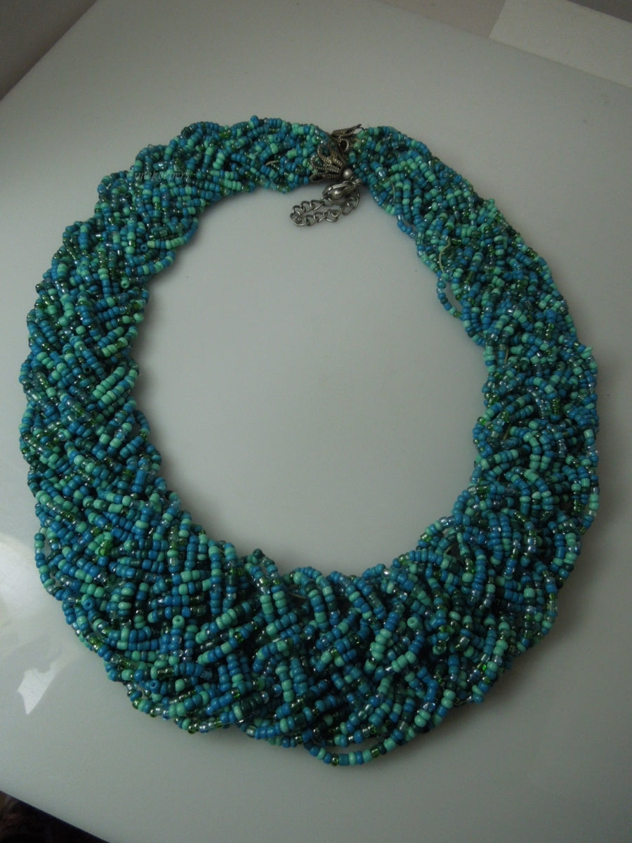 q296 Vintage Blue Seed Bead Multi Strand Twist Weave Braid Choker Necklace 18" Long (Hand Made Necklace)