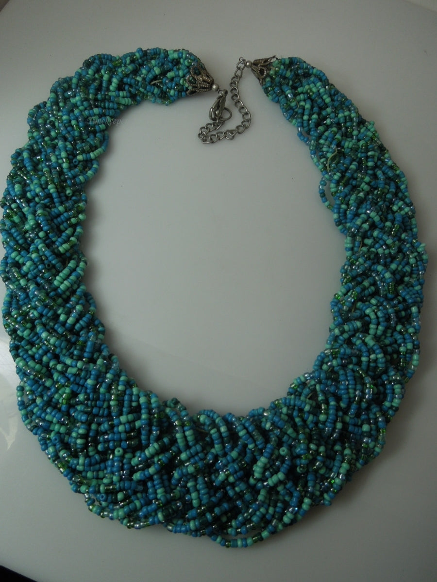 q296 Vintage Blue Seed Bead Multi Strand Twist Weave Braid Choker Necklace 18" Long (Hand Made Necklace)