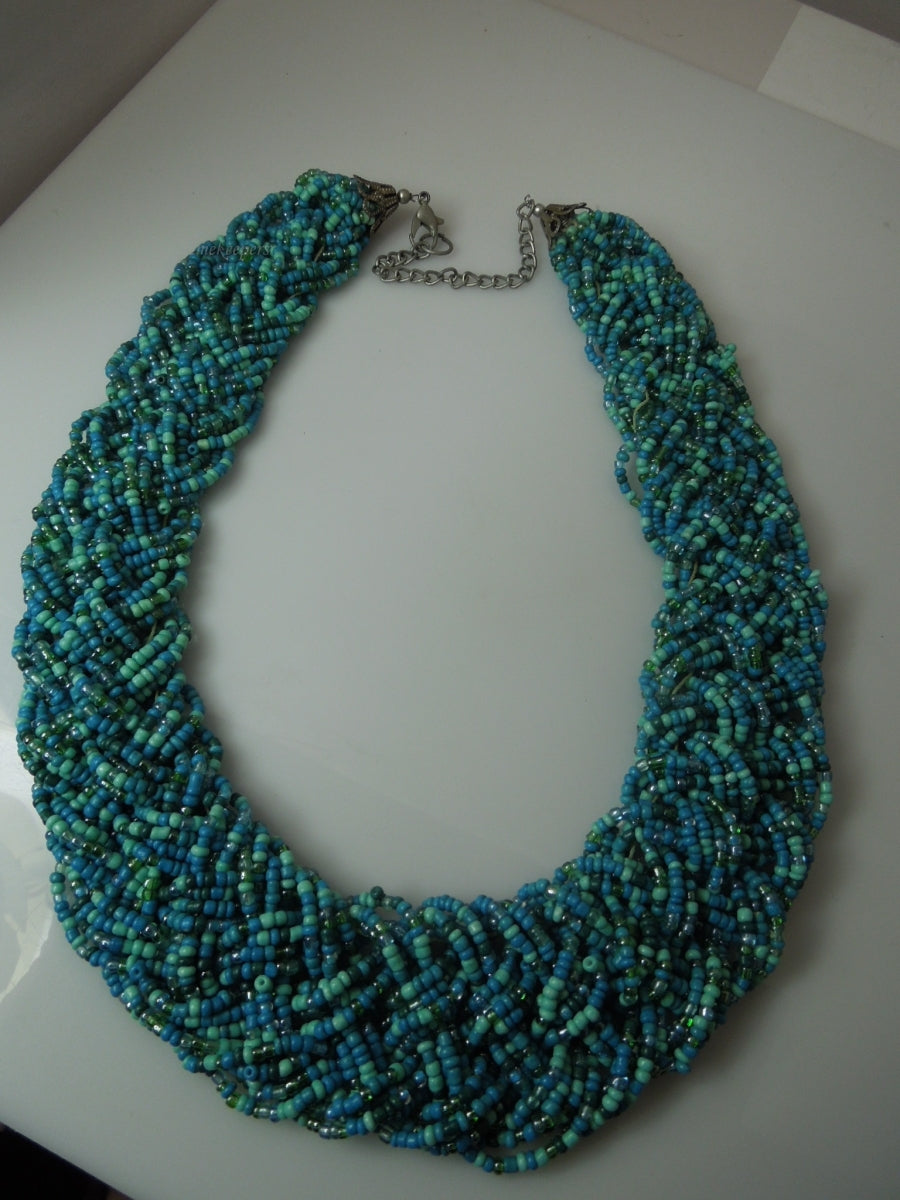 q296 Vintage Blue Seed Bead Multi Strand Twist Weave Braid Choker Necklace 18" Long (Hand Made Necklace)