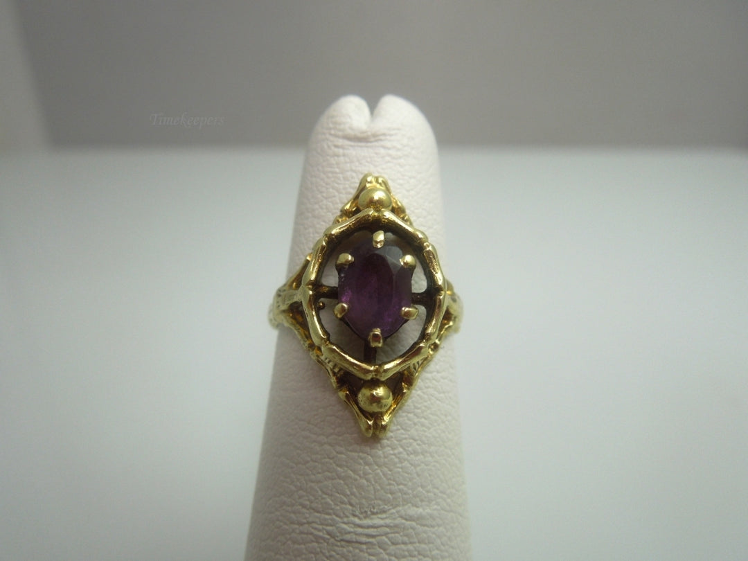 k608 Ladies Dainty Bamboo Style 14kt Yellow Gold Amethyst Ring Size 4