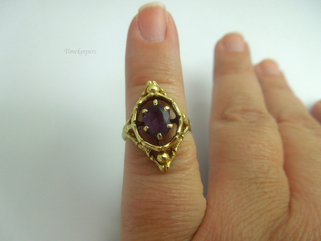 k608 Ladies Dainty Bamboo Style 14kt Yellow Gold Amethyst Ring Size 4