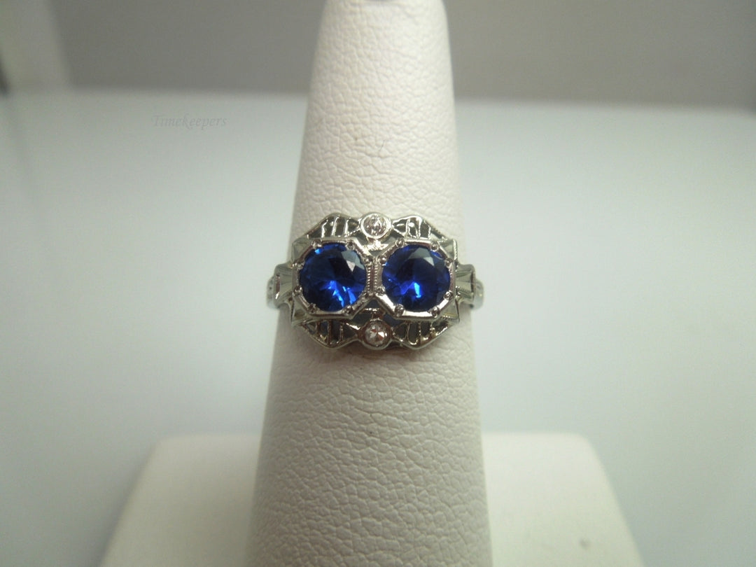 k610 Lovely Vintage 18kt White Gold Synthetic Sapphire and Diamond Filigree Ring