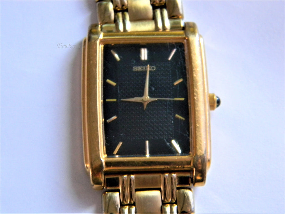 j577 Retro Seiko Quartz Black Dial Wrist Watch Bracelet Band in Gold Tone