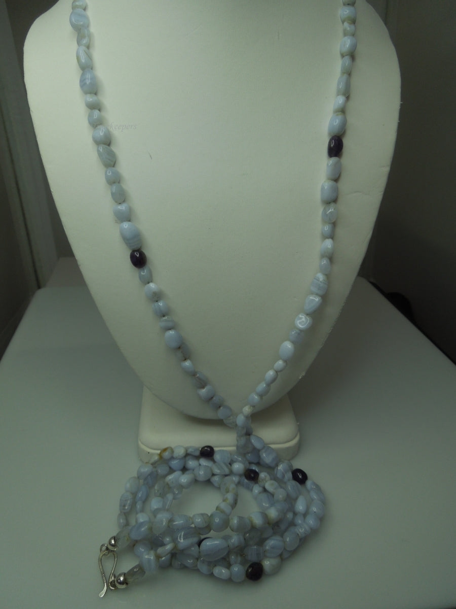 q358 Blue Lace Agate Beads Long Necklace 61" with Sterling Silver Clasp