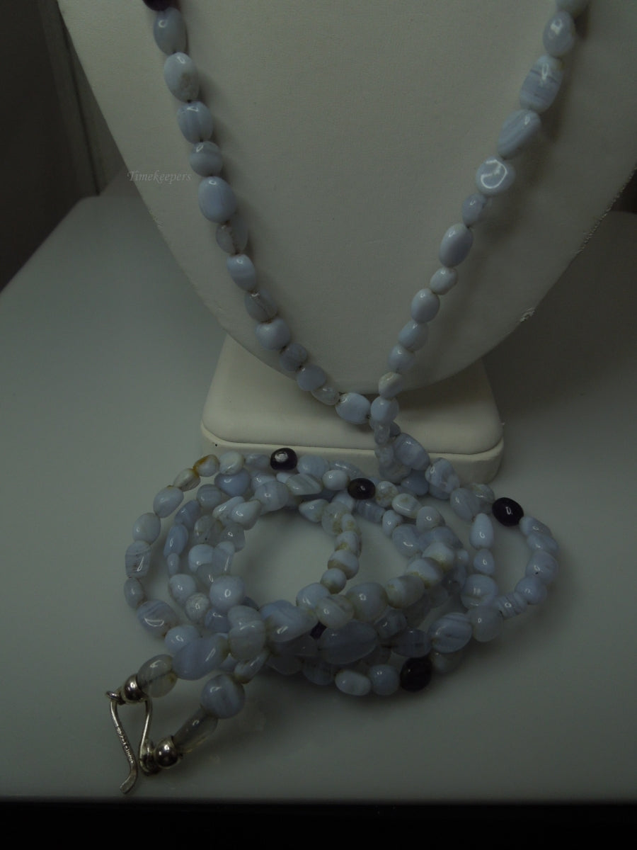 q358 Blue Lace Agate Beads Long Necklace 61" with Sterling Silver Clasp