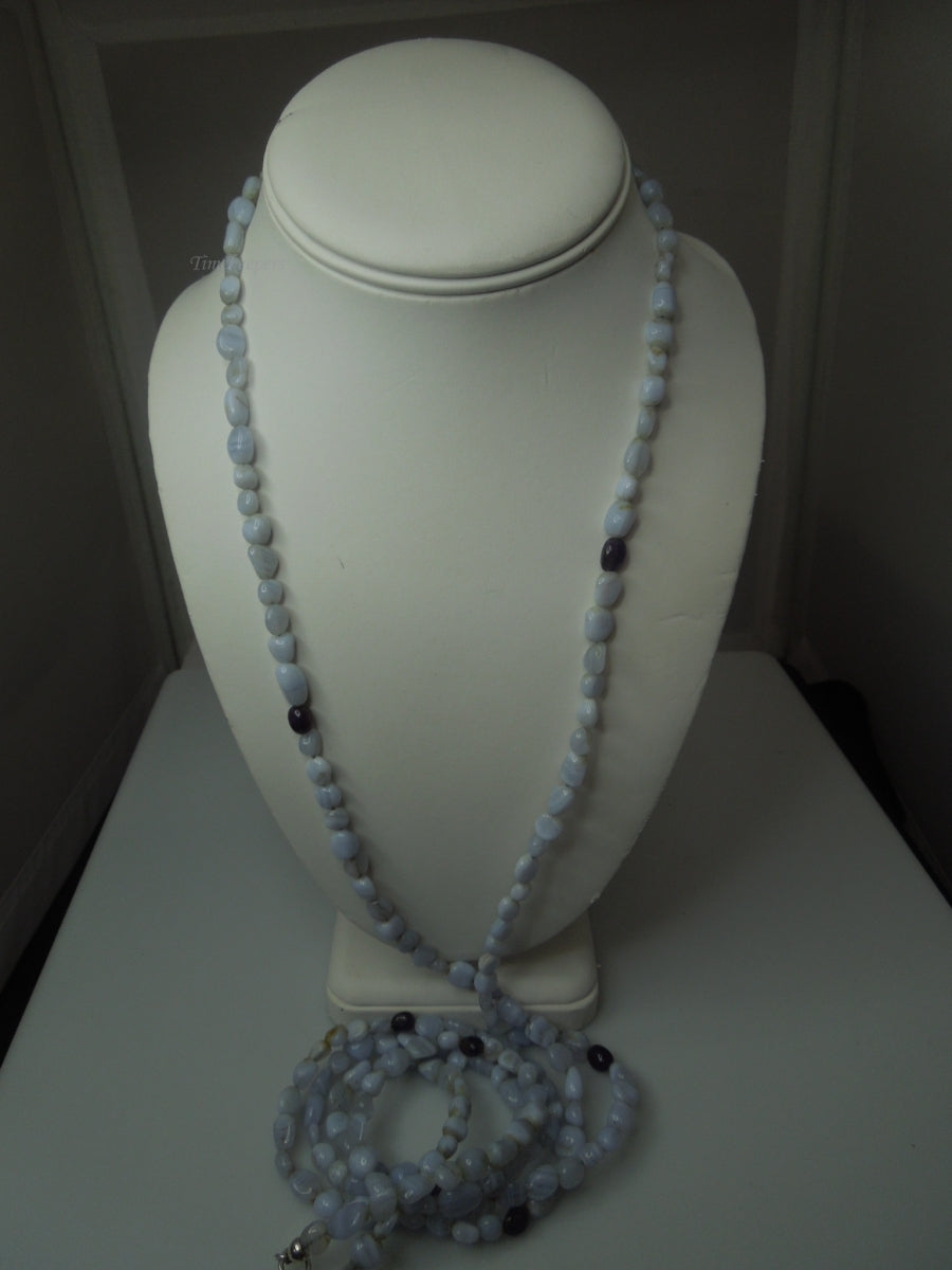 q358 Blue Lace Agate Beads Long Necklace 61" with Sterling Silver Clasp