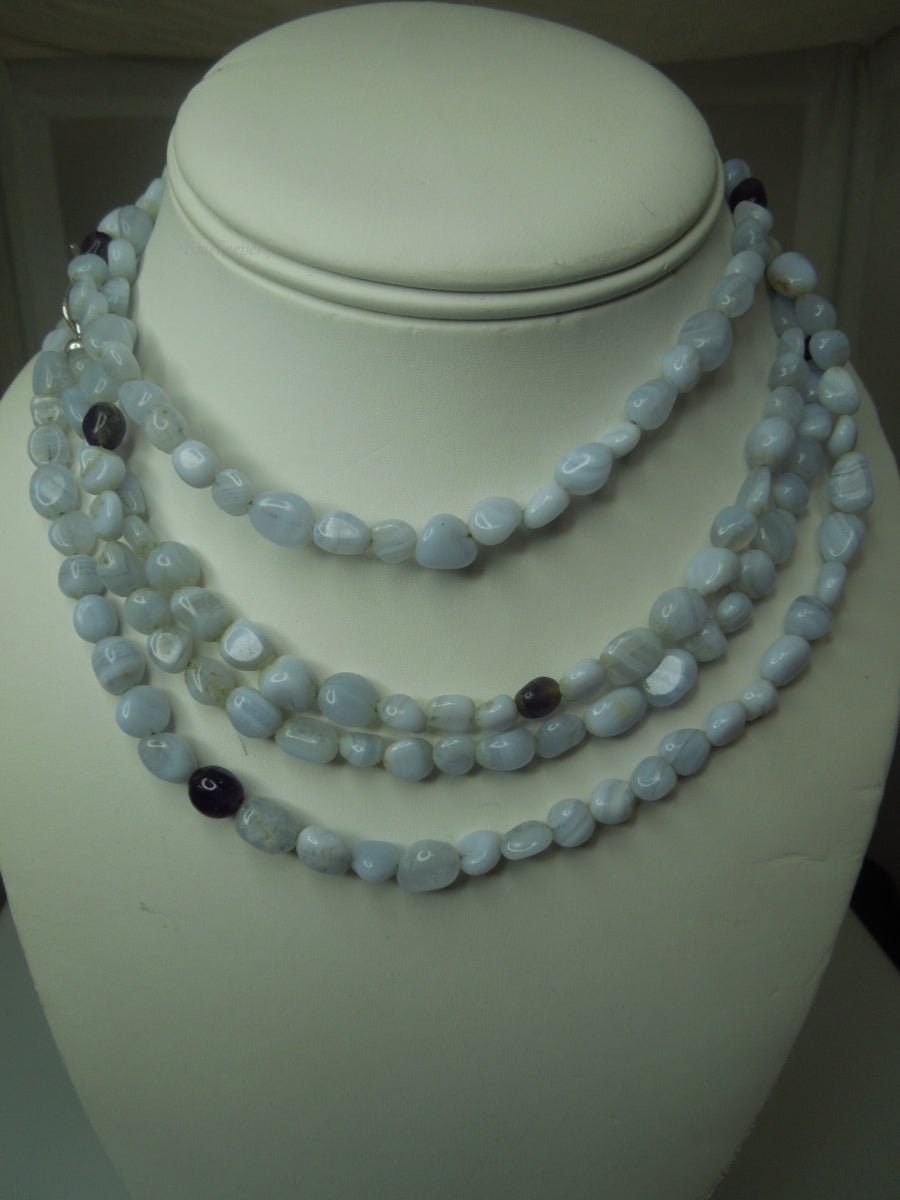 q358 Blue Lace Agate Beads Long Necklace 61" with Sterling Silver Clasp