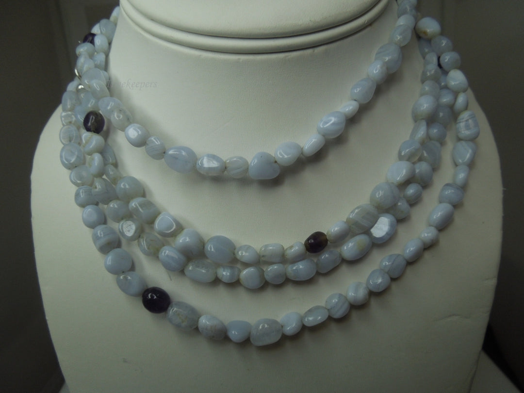 q358 Blue Lace Agate Beads Long Necklace 61" with Sterling Silver Clasp