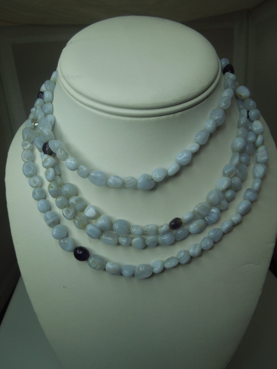 q358 Blue Lace Agate Beads Long Necklace 61" with Sterling Silver Clasp