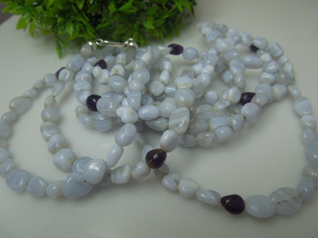 q358 Blue Lace Agate Beads Long Necklace 61" with Sterling Silver Clasp