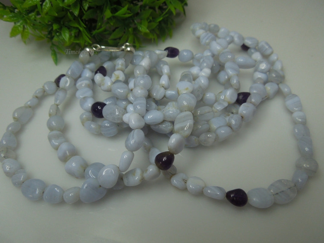 q358 Blue Lace Agate Beads Long Necklace 61" with Sterling Silver Clasp