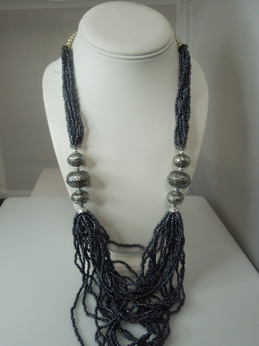 q361 Beautiful Glass Seed Bead Hematite Metallic Multi String Necklace 26"