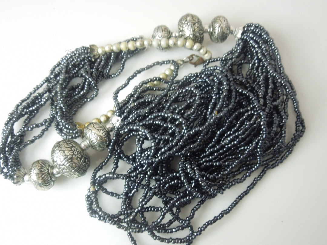 q361 Beautiful Glass Seed Bead Hematite Metallic Multi String Necklace 26"