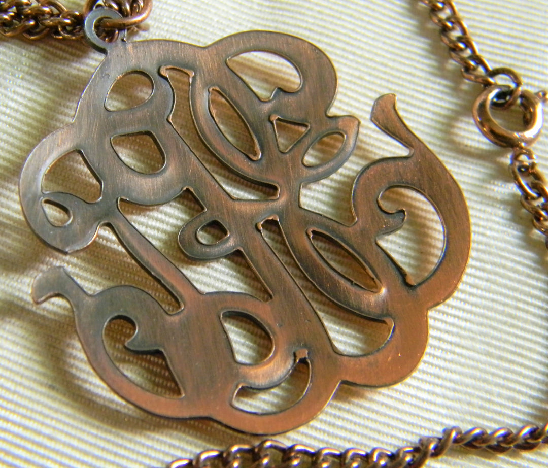 h767 Nice Vintage Copper Curb Link Necklace with Filigree Pendant