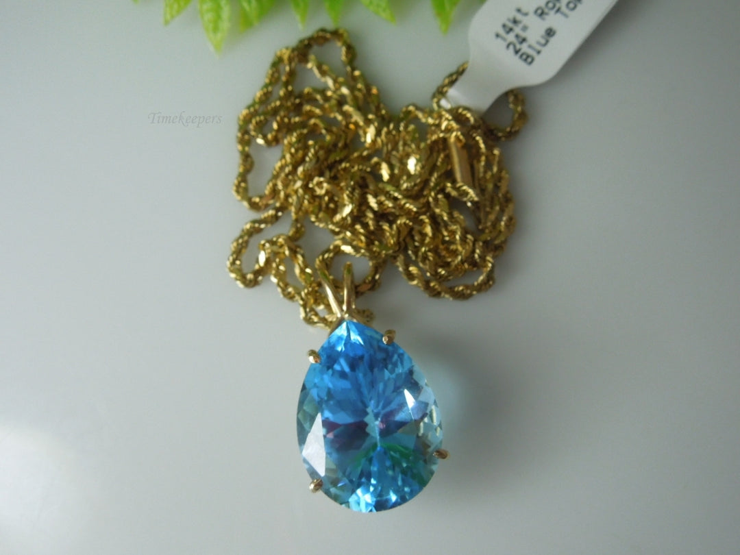 q425 Gorgeous 14kt Yellow Gold Blue Topaz Rope Chain Necklace 24"