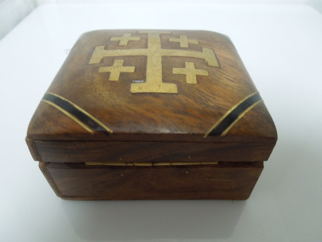 r750 Vintage Small Wooden Keepsake Box Inlay Cross Pattern