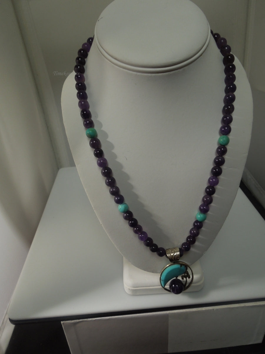 q447 Beautiful Amethyst and Turquoise Necklace 18" and Sterling Silver Clasp