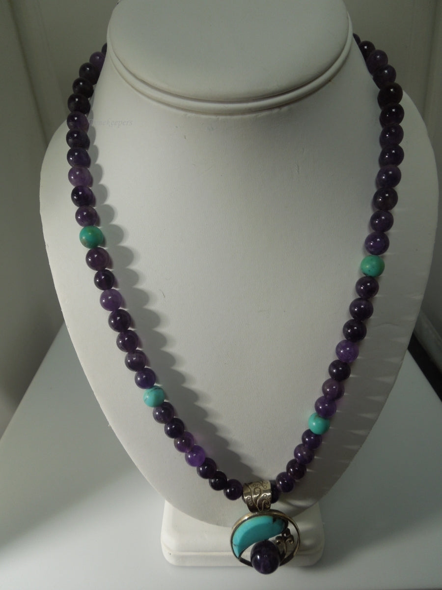 q447 Beautiful Amethyst and Turquoise Necklace 18" and Sterling Silver Clasp