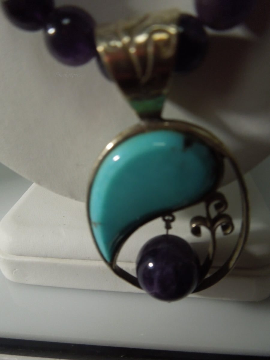 q447 Beautiful Amethyst and Turquoise Necklace 18" and Sterling Silver Clasp