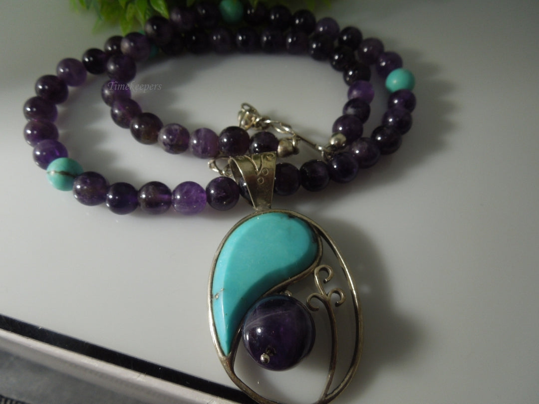 q447 Beautiful Amethyst and Turquoise Necklace 18" and Sterling Silver Clasp