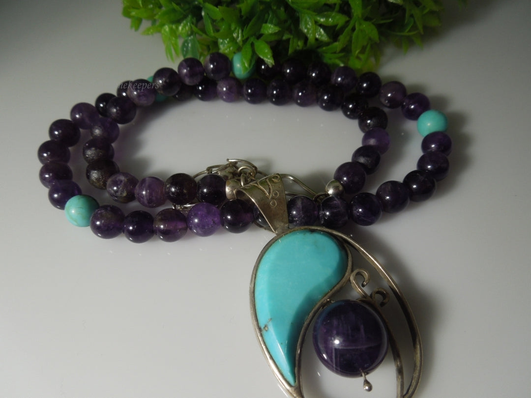 q447 Beautiful Amethyst and Turquoise Necklace 18" and Sterling Silver Clasp