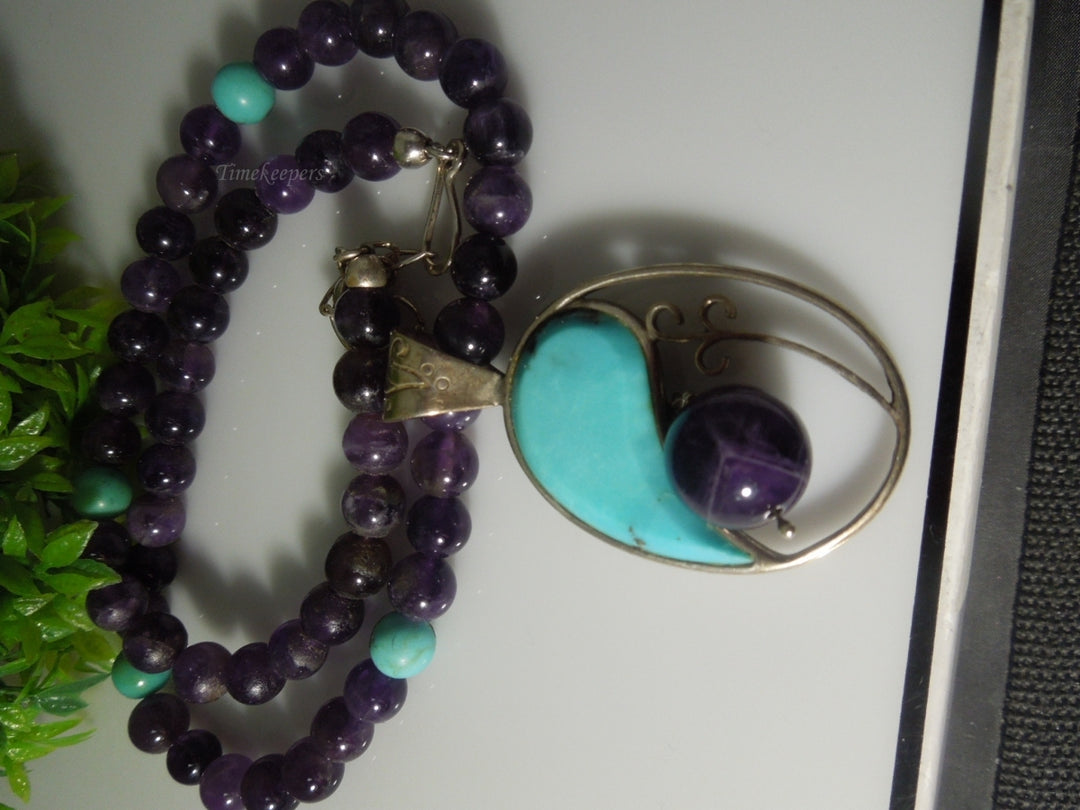 q447 Beautiful Amethyst and Turquoise Necklace 18" and Sterling Silver Clasp