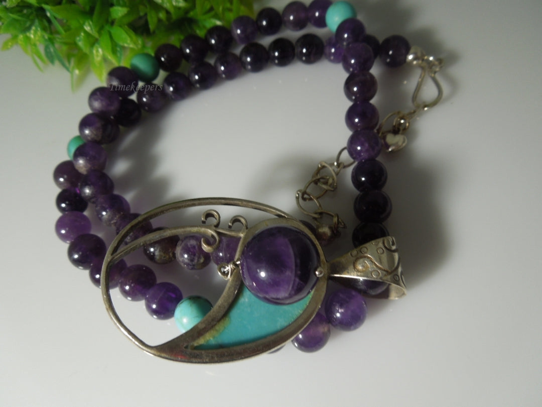 q447 Beautiful Amethyst and Turquoise Necklace 18" and Sterling Silver Clasp