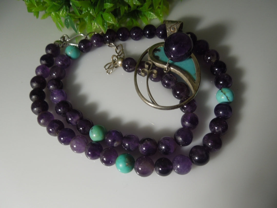 q447 Beautiful Amethyst and Turquoise Necklace 18" and Sterling Silver Clasp