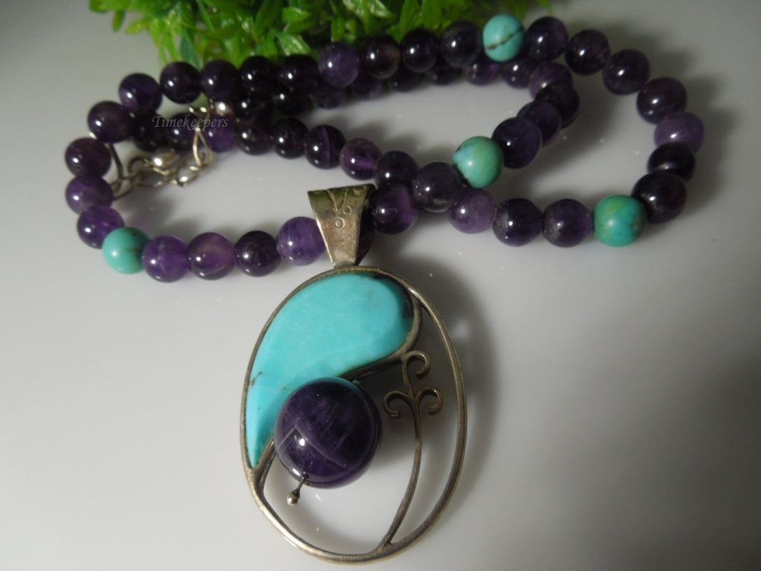 q447 Beautiful Amethyst and Turquoise Necklace 18" and Sterling Silver Clasp