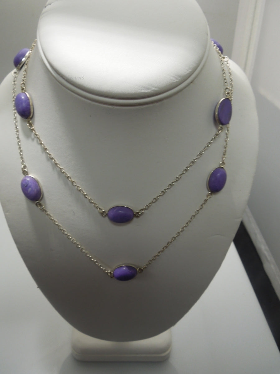 q449 Beautiful Purple Stone and Sterling Silver Link Chain Long Necklace 33"