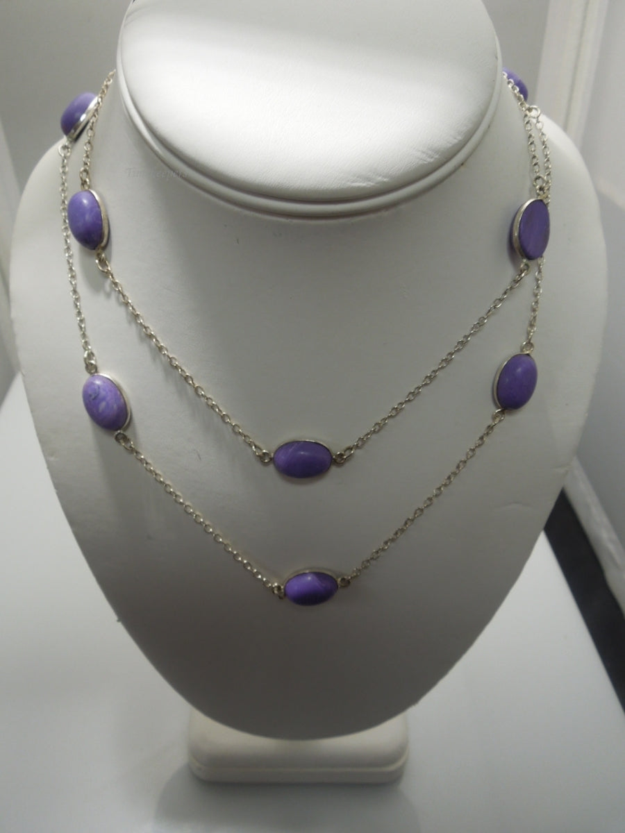 q449 Beautiful Purple Stone and Sterling Silver Link Chain Long Necklace 33"